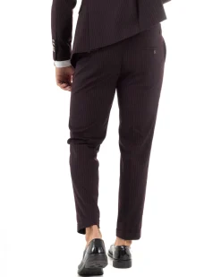 Abito Uomo Doppiopetto Vestito Completo Rigato Giacca Pantaloni Bottoni Metallo Fantasia Gessata Bordeaux AE1102A