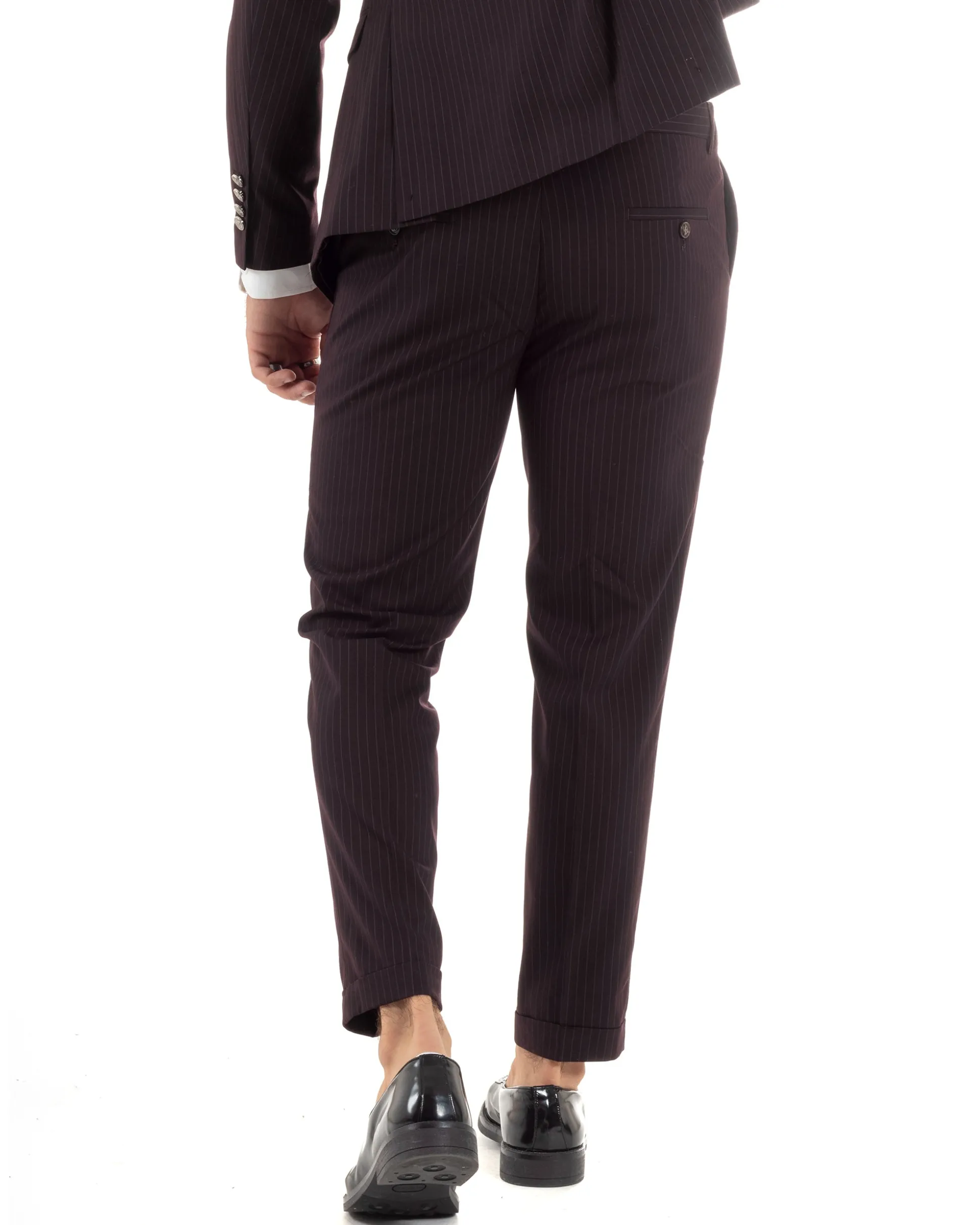 Abito Uomo Doppiopetto Vestito Completo Rigato Giacca Pantaloni Bottoni Metallo Fantasia Gessata Bordeaux AE1102A