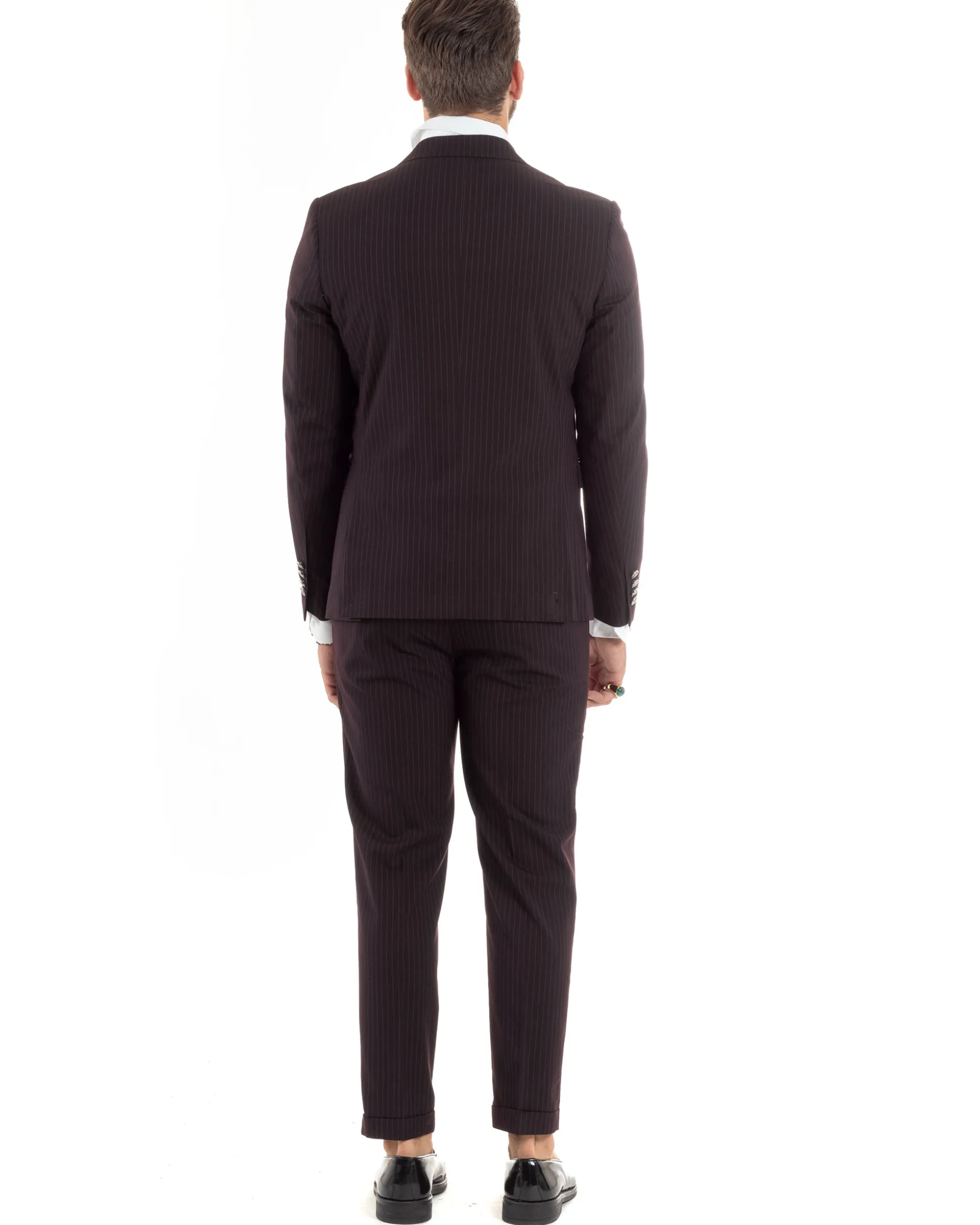 Abito Uomo Doppiopetto Vestito Completo Rigato Giacca Pantaloni Bottoni Metallo Fantasia Gessata Bordeaux AE1102A