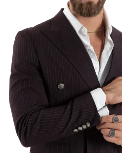 Abito Uomo Doppiopetto Vestito Completo Rigato Giacca Pantaloni Bottoni Metallo Fantasia Gessata Bordeaux AE1102A