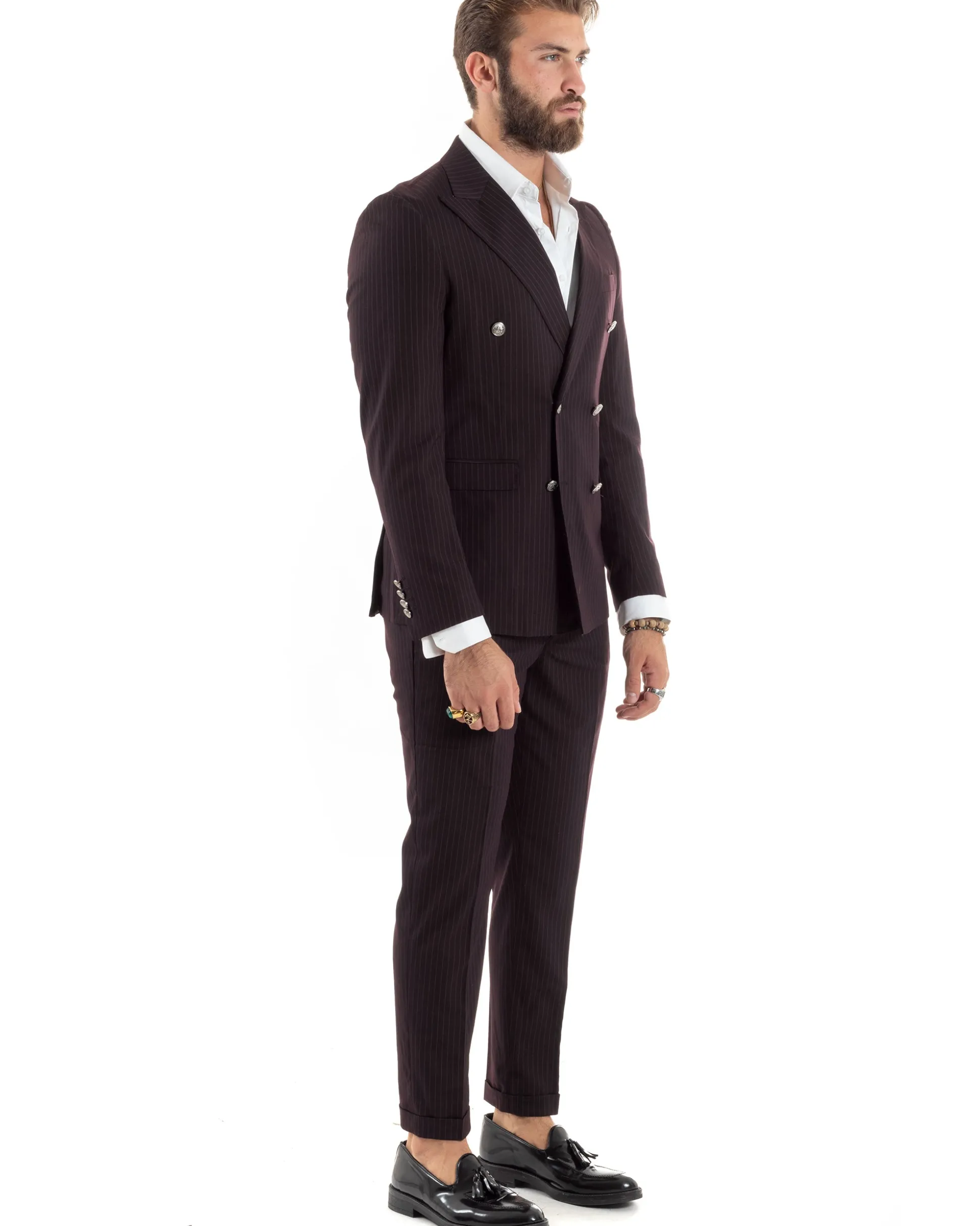 Abito Uomo Doppiopetto Vestito Completo Rigato Giacca Pantaloni Bottoni Metallo Fantasia Gessata Bordeaux AE1102A