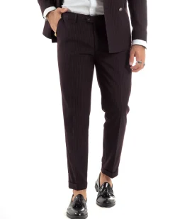 Abito Uomo Doppiopetto Vestito Completo Rigato Giacca Pantaloni Bottoni Metallo Fantasia Gessata Bordeaux AE1102A