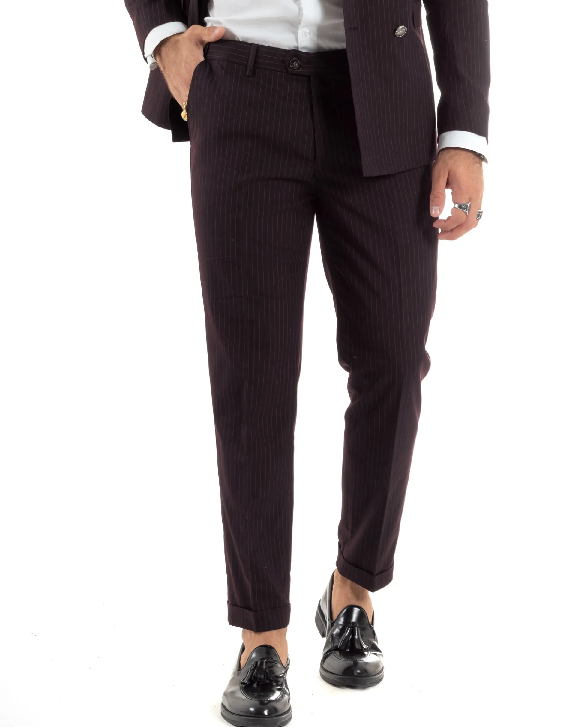 Abito Uomo Doppiopetto Vestito Completo Rigato Giacca Pantaloni Bottoni Metallo Fantasia Gessata Bordeaux AE1102A