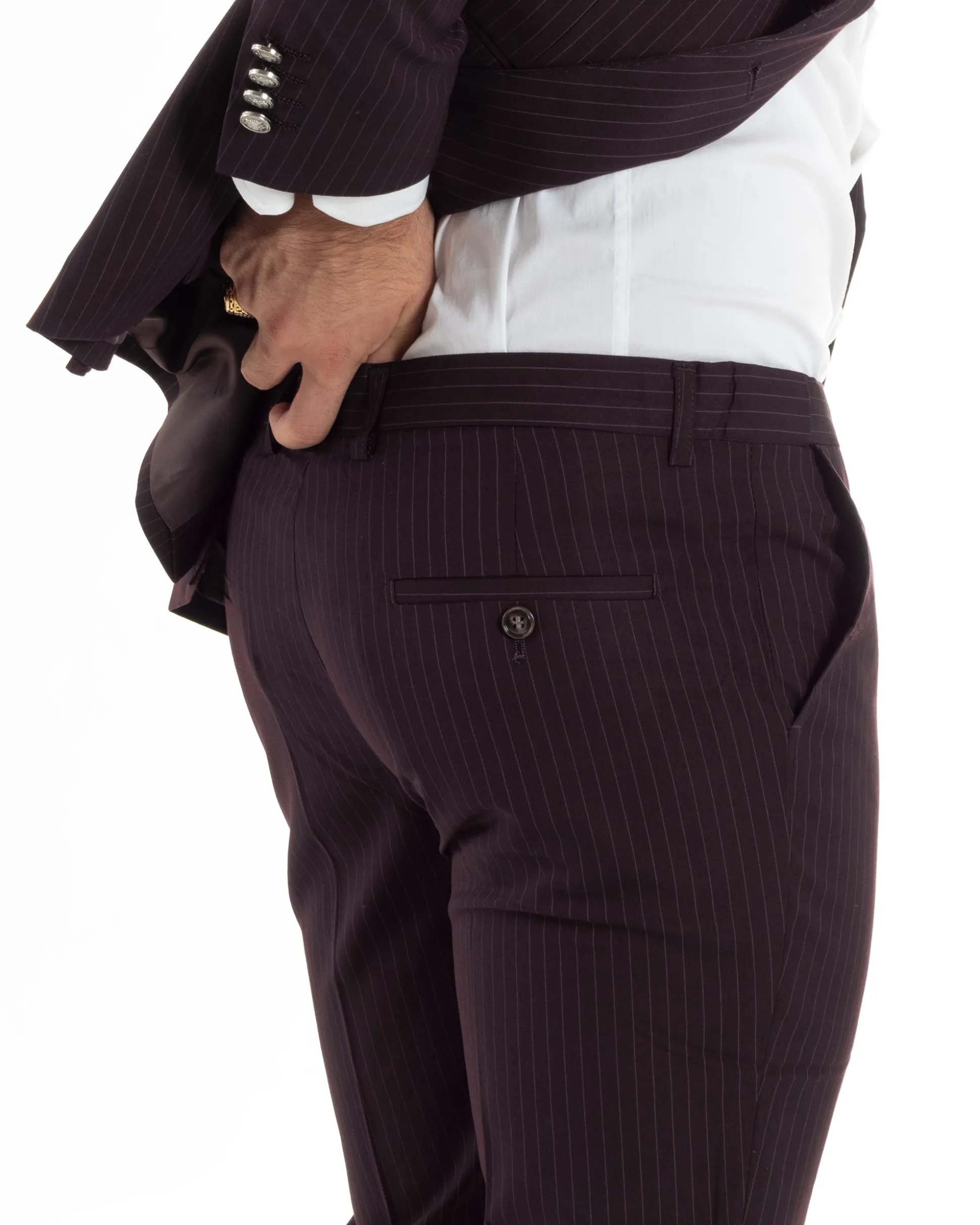 Abito Uomo Doppiopetto Vestito Completo Rigato Giacca Pantaloni Bottoni Metallo Fantasia Gessata Bordeaux AE1102A