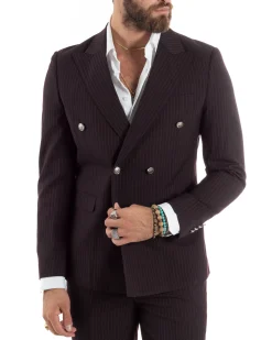 Abito Uomo Doppiopetto Vestito Completo Rigato Giacca Pantaloni Bottoni Metallo Fantasia Gessata Bordeaux AE1102A