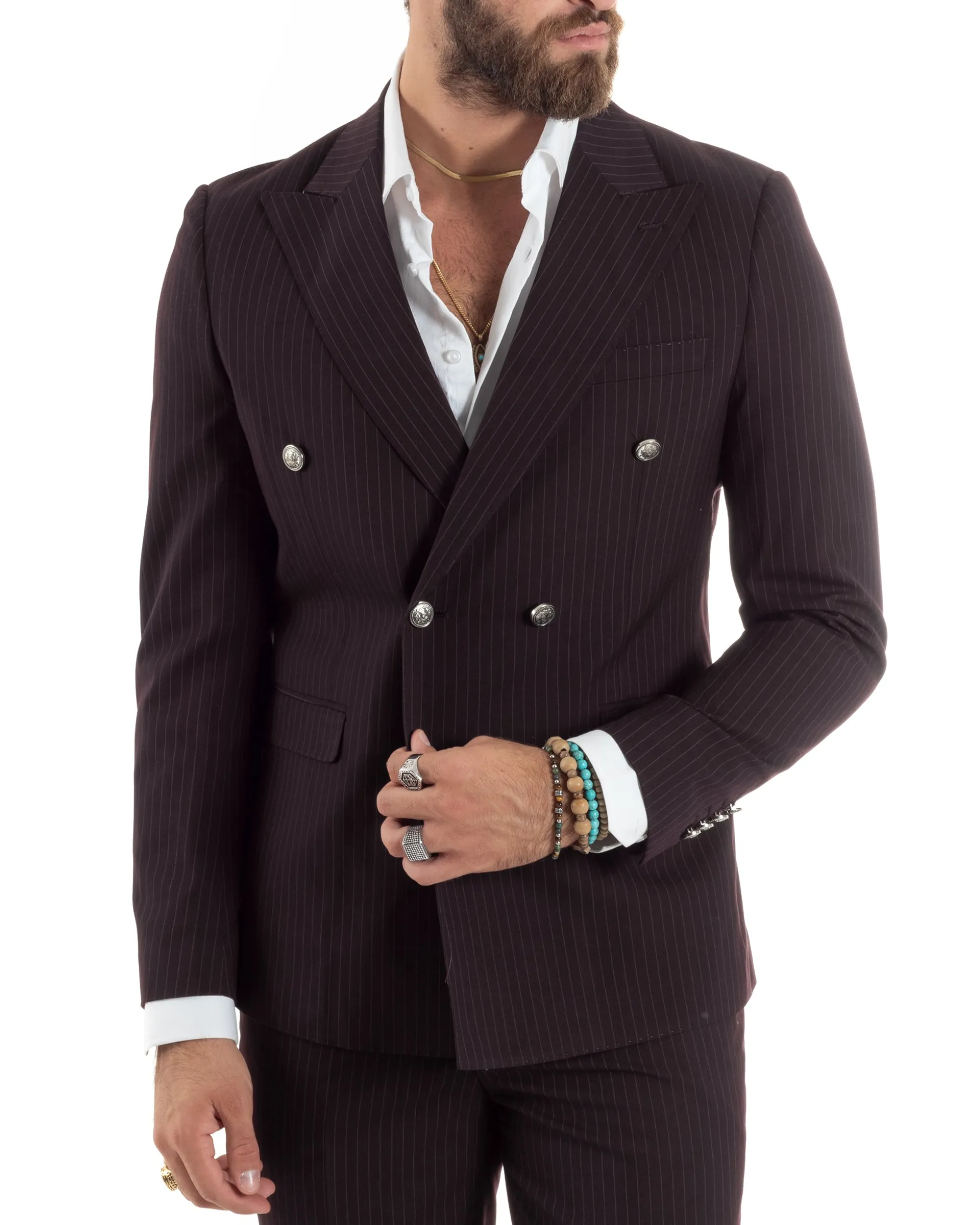 Abito Uomo Doppiopetto Vestito Completo Rigato Giacca Pantaloni Bottoni Metallo Fantasia Gessata Bordeaux AE1102A