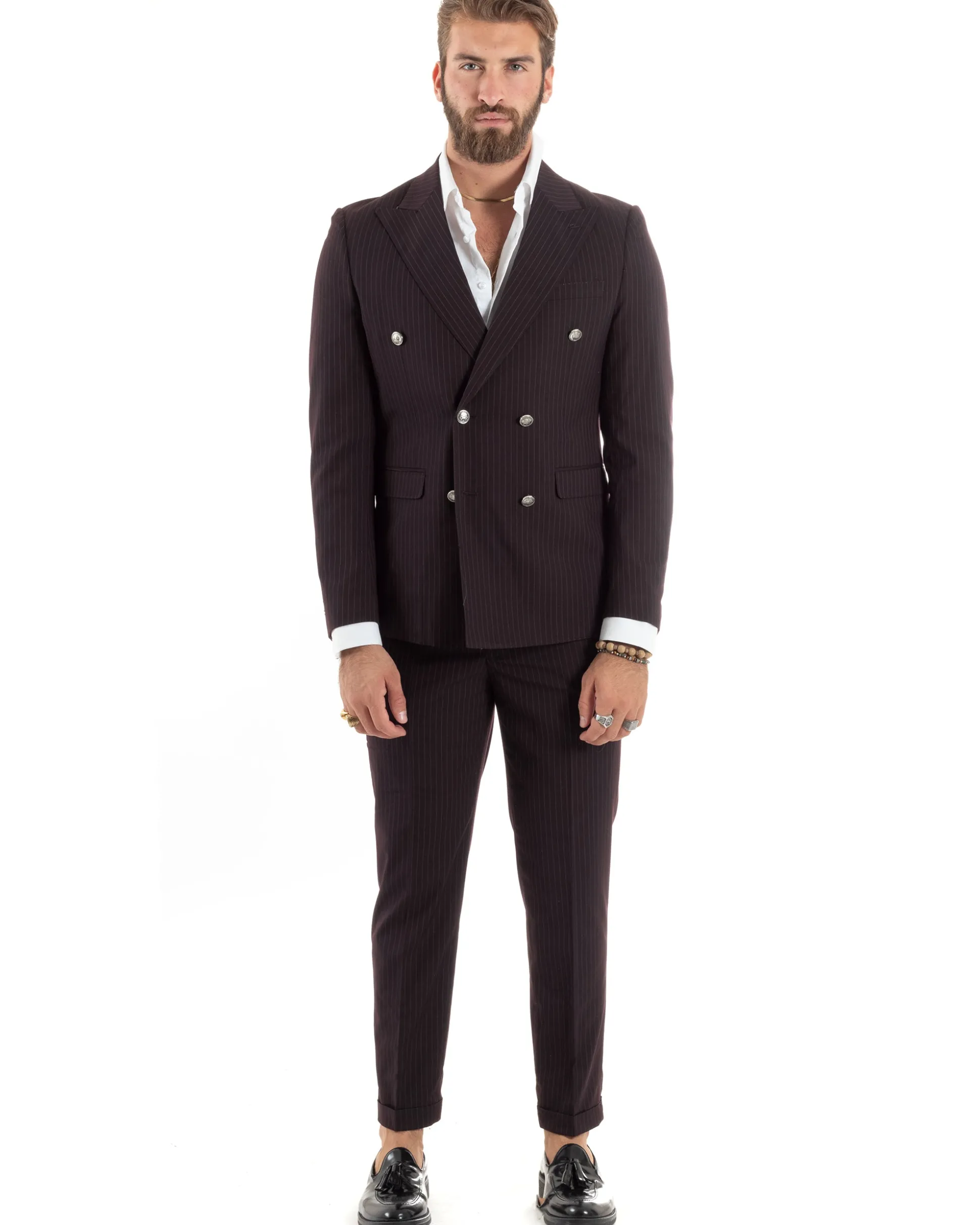 Abito Uomo Doppiopetto Vestito Completo Rigato Giacca Pantaloni Bottoni Metallo Fantasia Gessata Bordeaux AE1102A