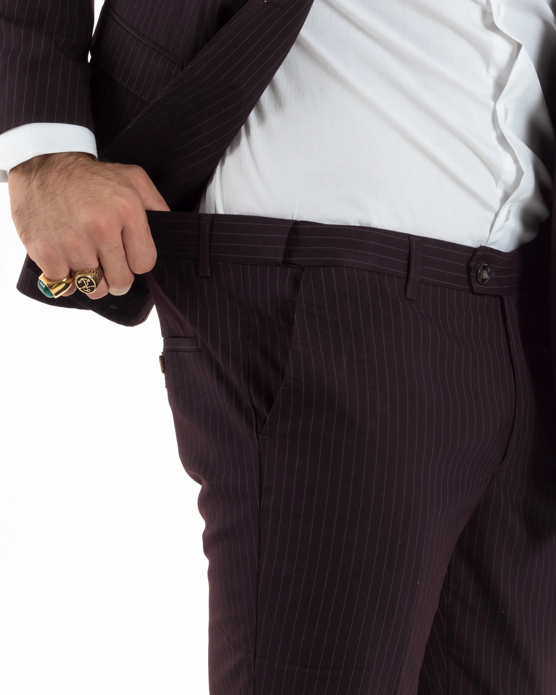 Abito Uomo Doppiopetto Vestito Completo Rigato Giacca Pantaloni Bottoni Metallo Fantasia Gessata Bordeaux AE1102A