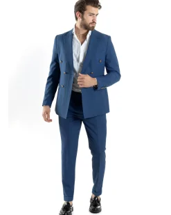 Abito Uomo Doppiopetto Vestito Completo Giacca Pantaloni Bottoni Metallo Blu Melangiato AE1056A