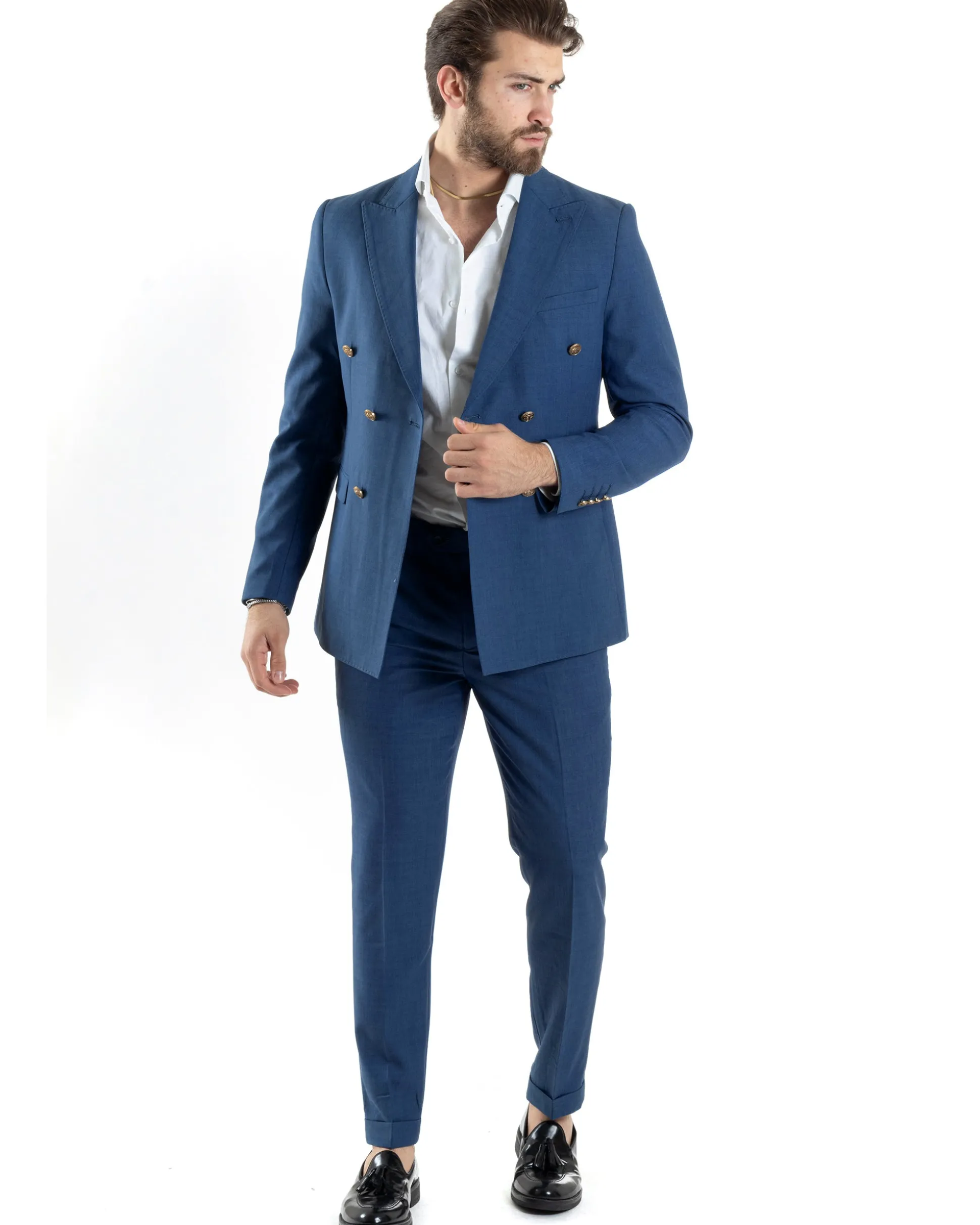 Abito Uomo Doppiopetto Vestito Completo Giacca Pantaloni Bottoni Metallo Blu Melangiato AE1056A