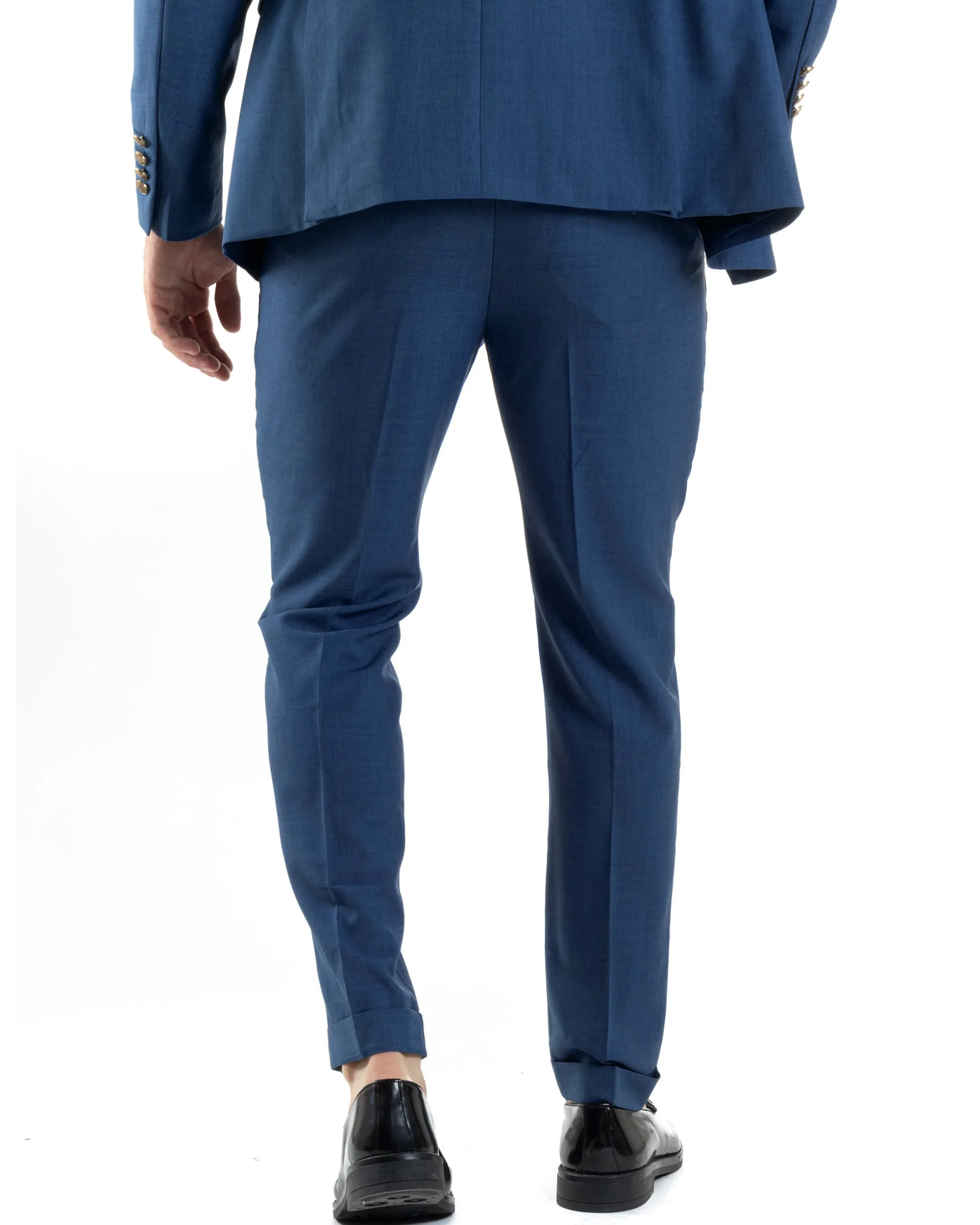 Abito Uomo Doppiopetto Vestito Completo Giacca Pantaloni Bottoni Metallo Blu Melangiato AE1056A
