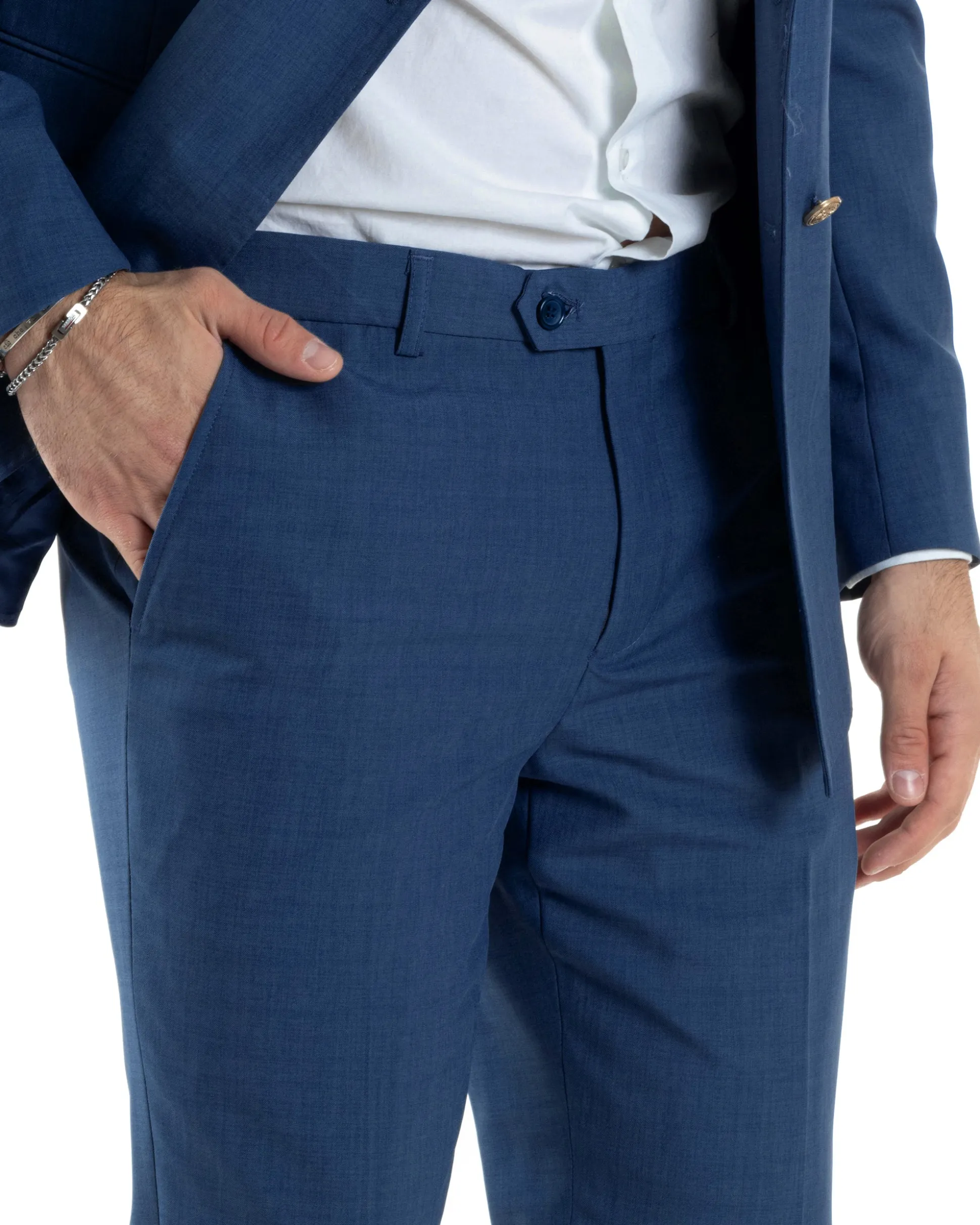 Abito Uomo Doppiopetto Vestito Completo Giacca Pantaloni Bottoni Metallo Blu Melangiato AE1056A