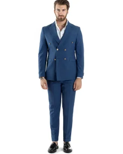 Abito Uomo Doppiopetto Vestito Completo Giacca Pantaloni Bottoni Metallo Blu Melangiato AE1056A