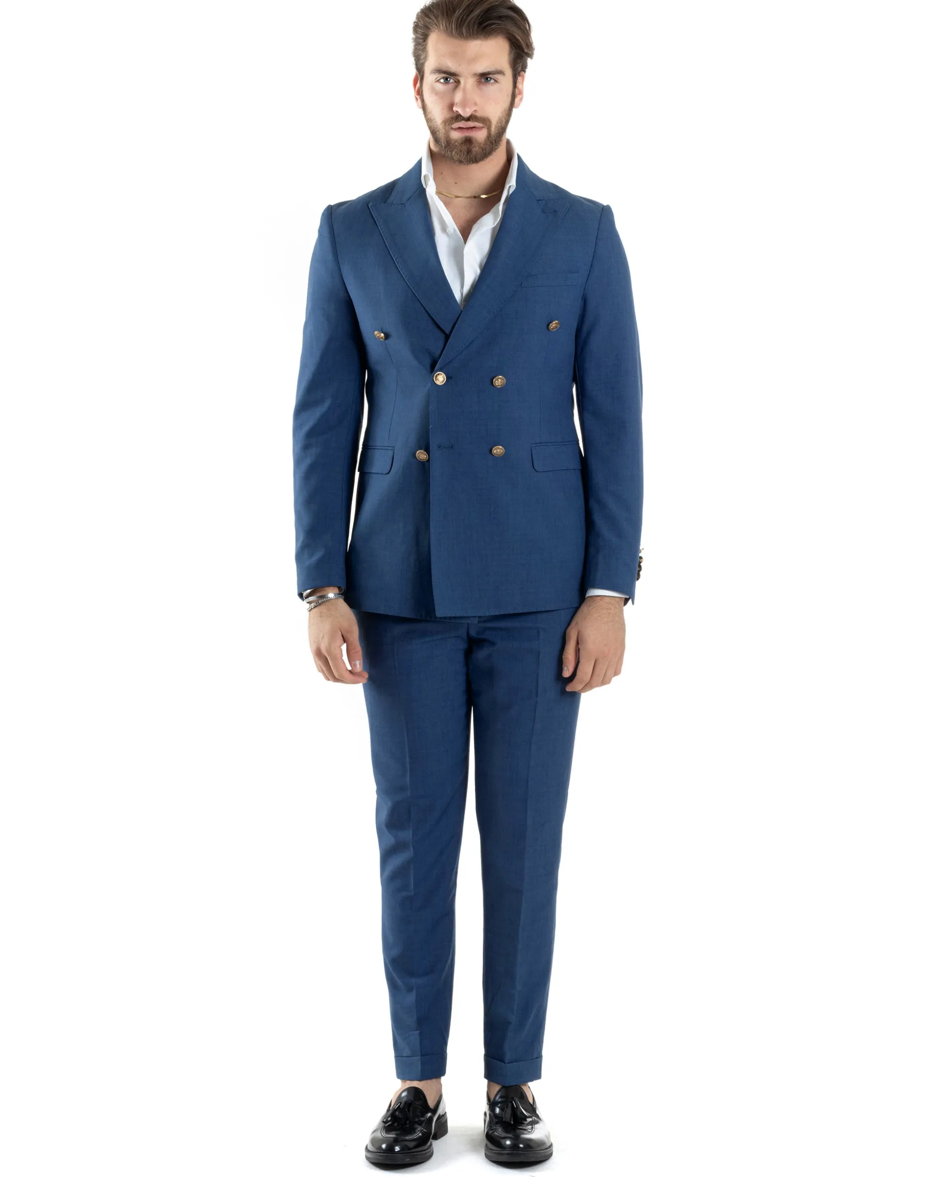 Abito Uomo Doppiopetto Vestito Completo Giacca Pantaloni Bottoni Metallo Blu Melangiato AE1056A