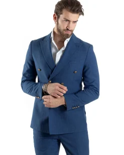 Abito Uomo Doppiopetto Vestito Completo Giacca Pantaloni Bottoni Metallo Blu Melangiato AE1056A
