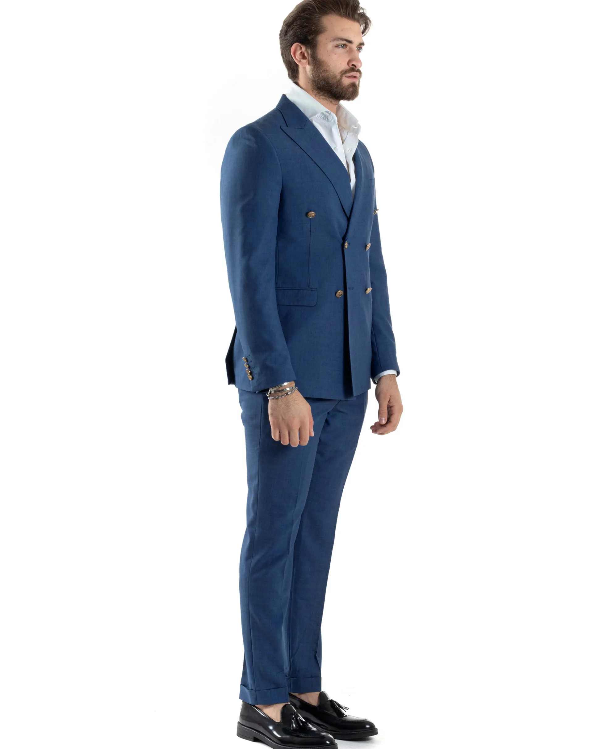 Abito Uomo Doppiopetto Vestito Completo Giacca Pantaloni Bottoni Metallo Blu Melangiato AE1056A