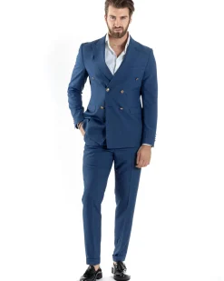 Abito Uomo Doppiopetto Vestito Completo Giacca Pantaloni Bottoni Metallo Blu Melangiato AE1056A