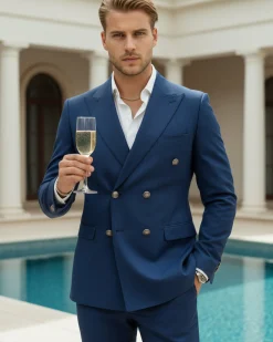 Abito Uomo Doppiopetto Vestito Completo Giacca Pantaloni Bottoni Metallo Blu Melangiato AE1056A
