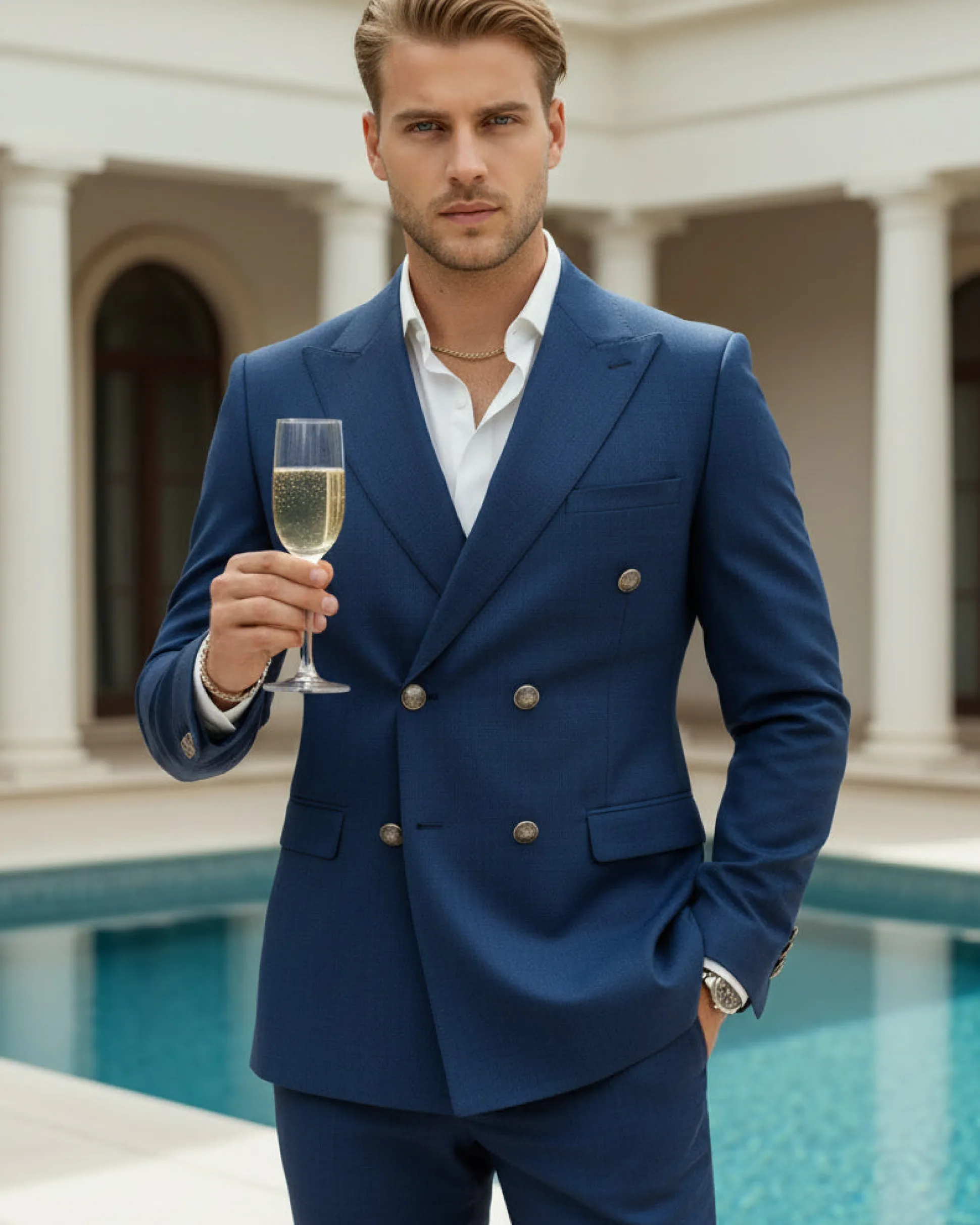 Abito Uomo Doppiopetto Vestito Completo Giacca Pantaloni Bottoni Metallo Blu Melangiato AE1056A