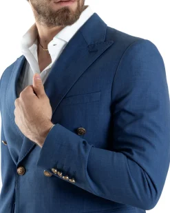 Abito Uomo Doppiopetto Vestito Completo Giacca Pantaloni Bottoni Metallo Blu Melangiato AE1056A