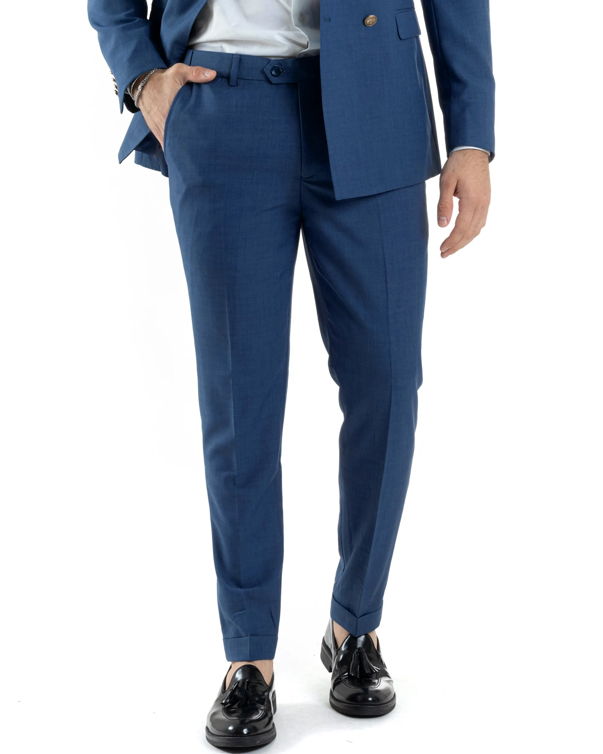 Abito Uomo Doppiopetto Vestito Completo Giacca Pantaloni Bottoni Metallo Blu Melangiato AE1056A