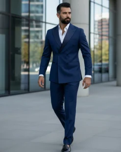 Abito Uomo Doppiopetto Vestito Completo Giacca Rever In Raso Pantaloni Smoking Blu AE1050A