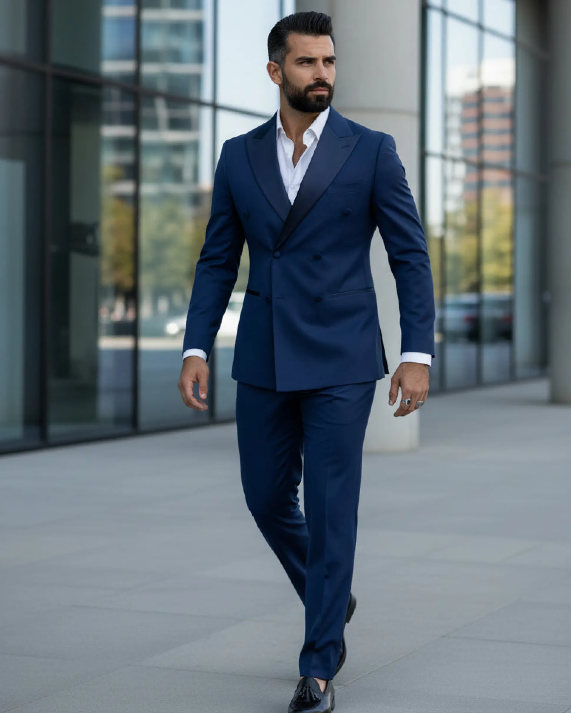 Abito Uomo Doppiopetto Vestito Completo Giacca Rever In Raso Pantaloni Smoking Blu AE1050A