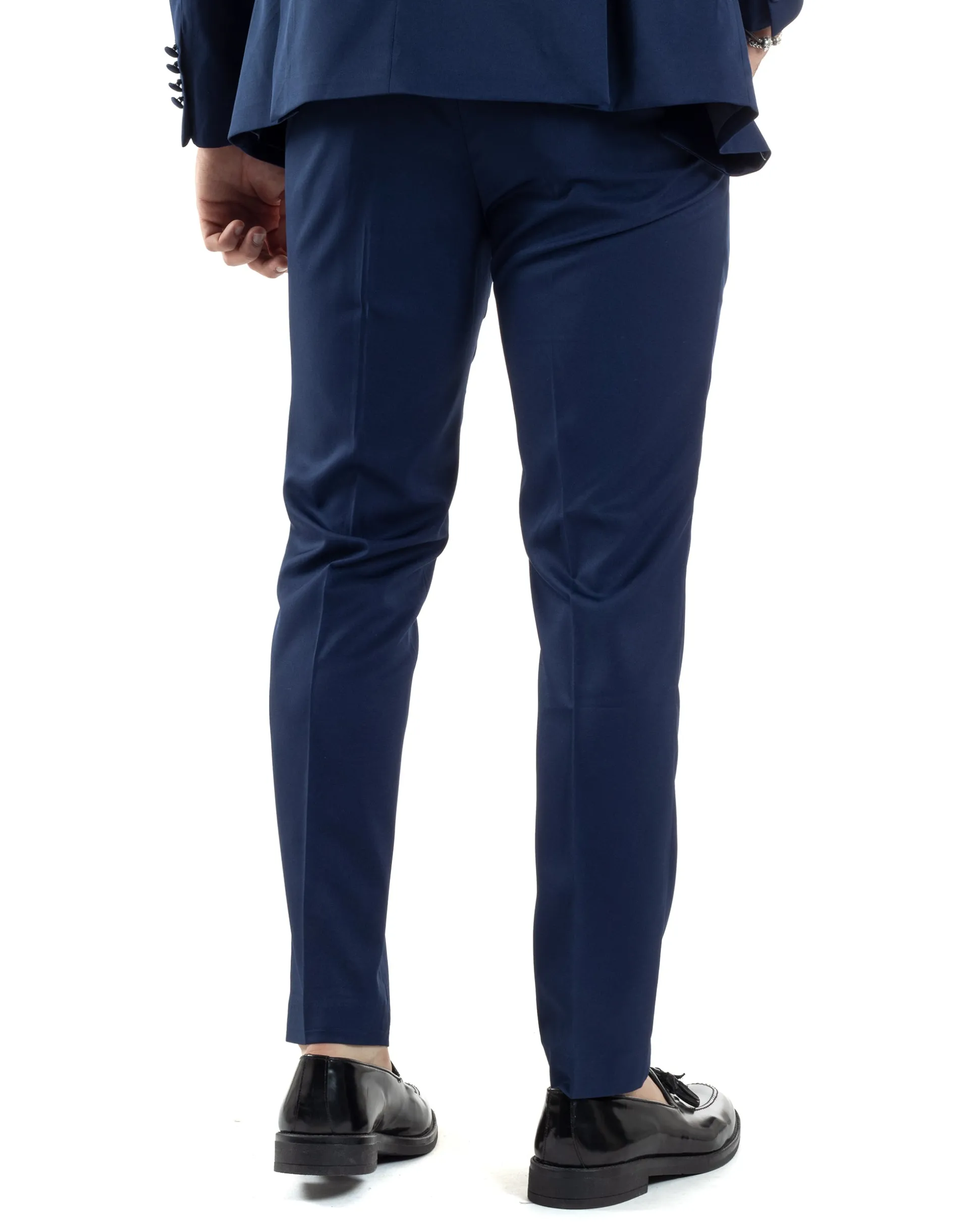 Abito Uomo Doppiopetto Vestito Completo Giacca Rever In Raso Pantaloni Smoking Blu AE1050A