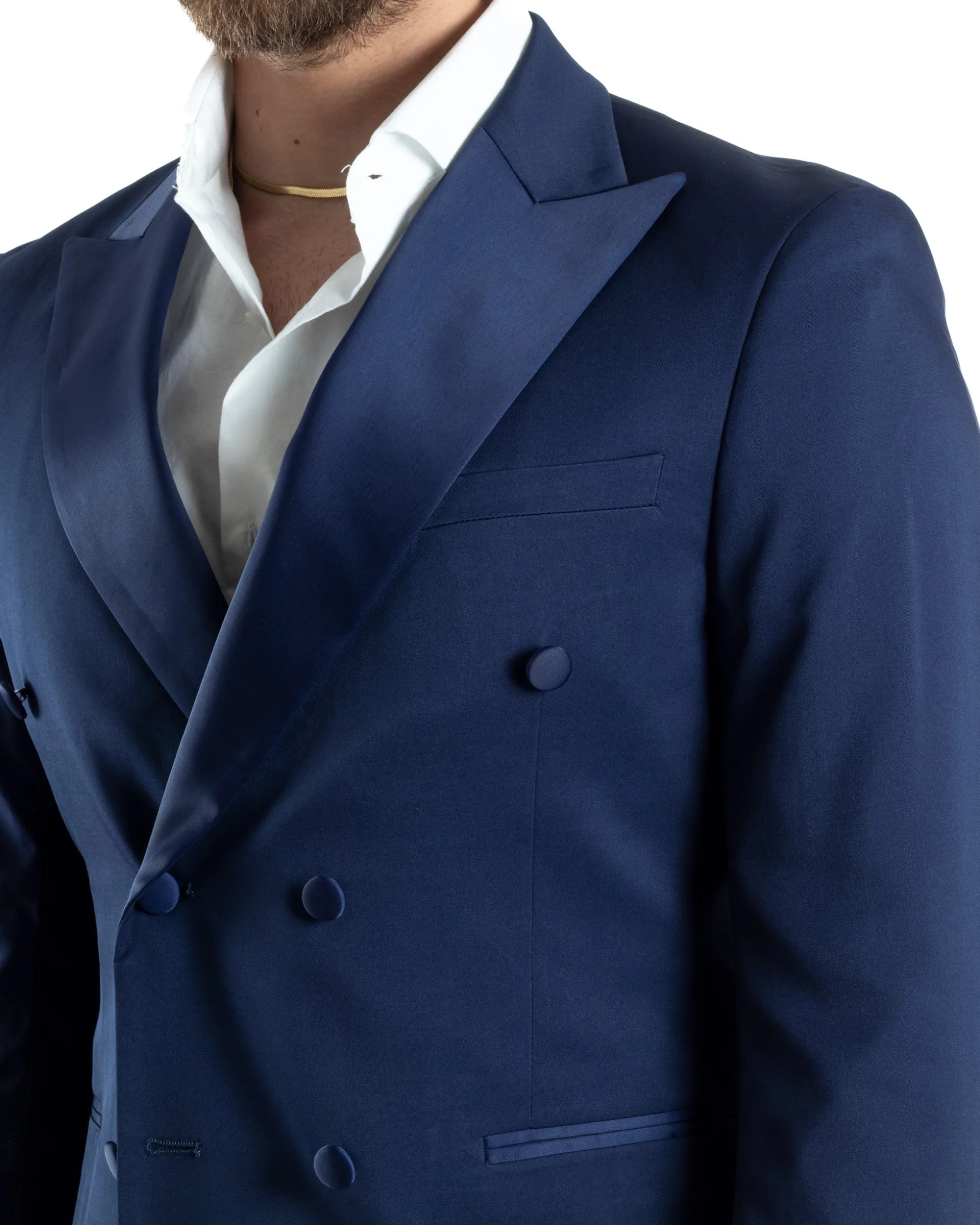 Abito Uomo Doppiopetto Vestito Completo Giacca Rever In Raso Pantaloni Smoking Blu AE1050A