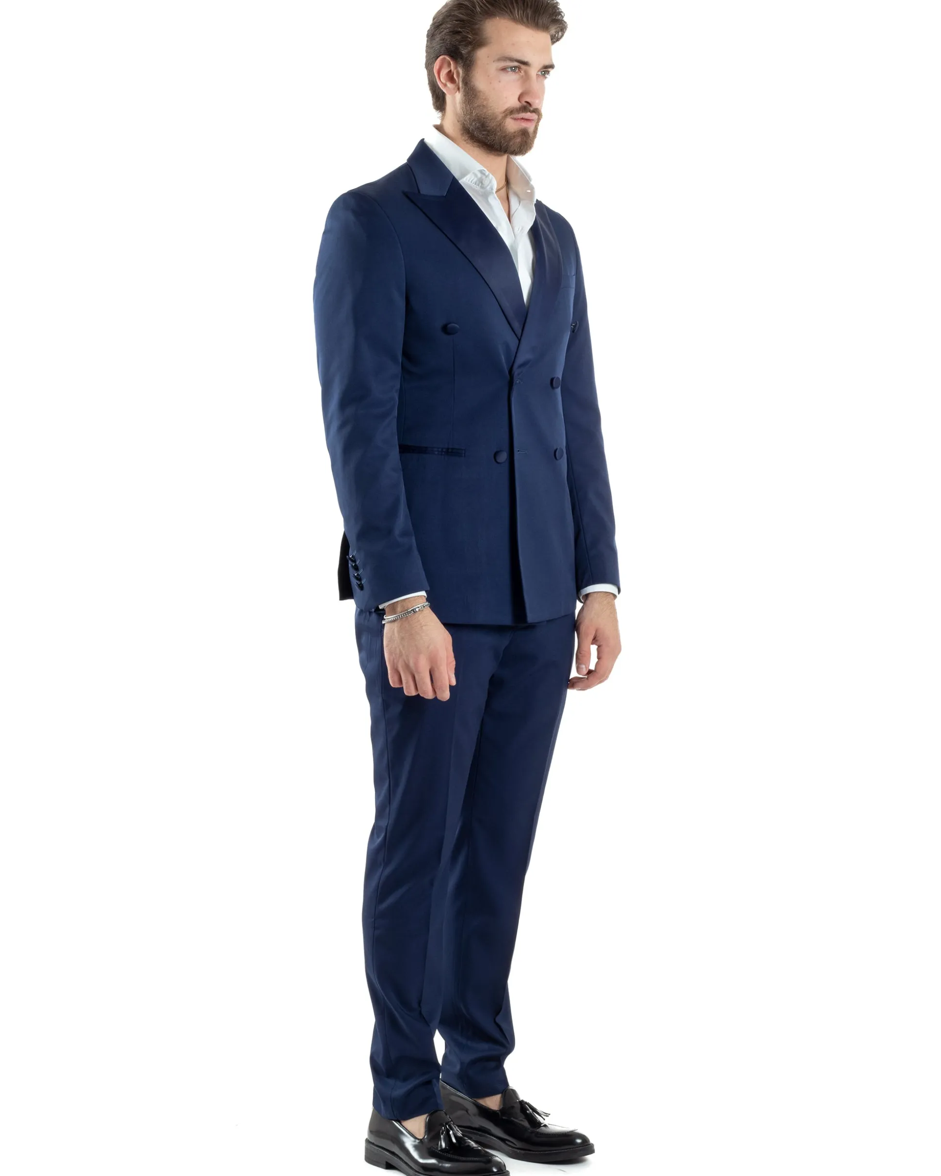 Abito Uomo Doppiopetto Vestito Completo Giacca Rever In Raso Pantaloni Smoking Blu AE1050A
