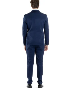 Abito Uomo Doppiopetto Vestito Completo Giacca Rever In Raso Pantaloni Smoking Blu AE1050A