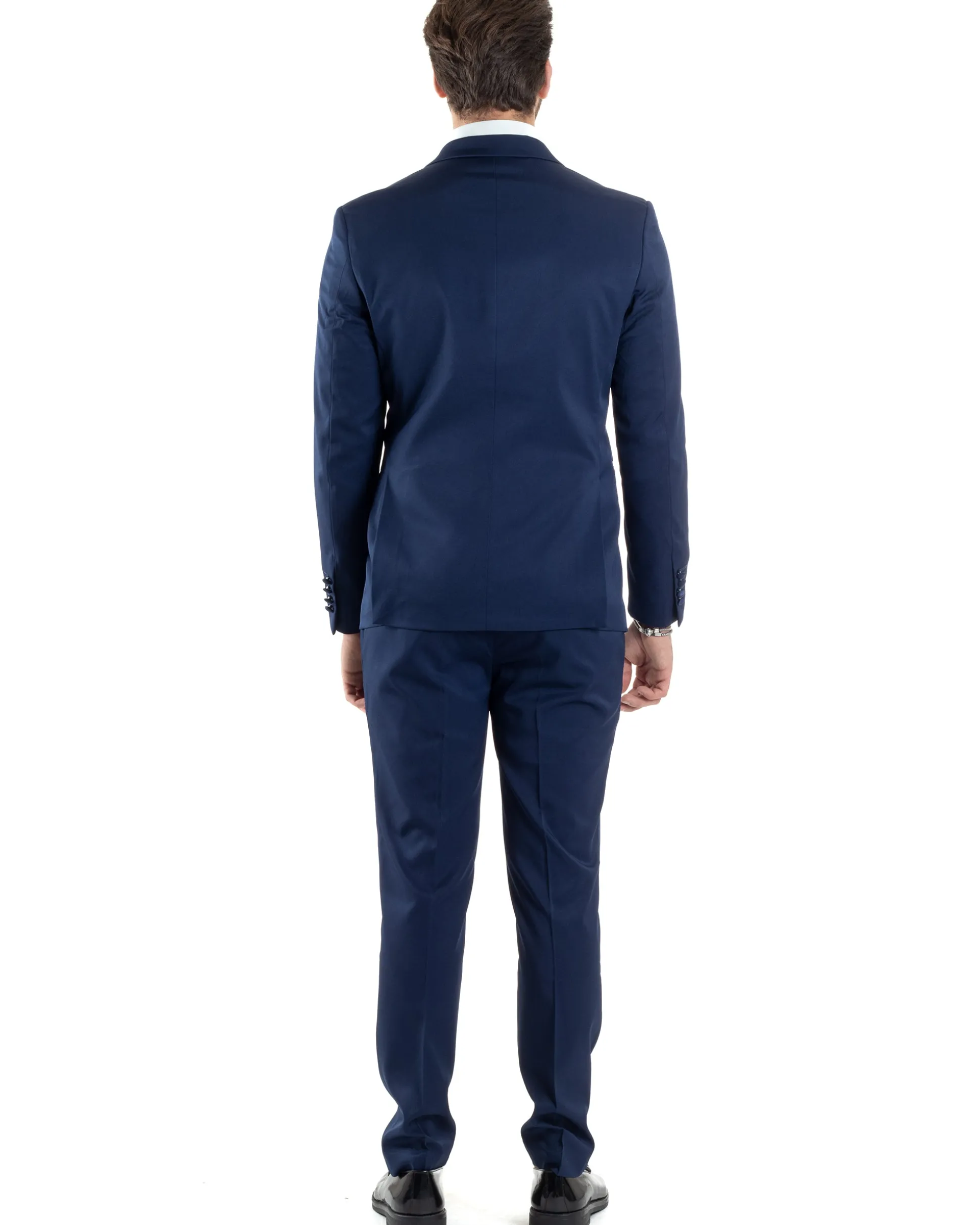 Abito Uomo Doppiopetto Vestito Completo Giacca Rever In Raso Pantaloni Smoking Blu AE1050A