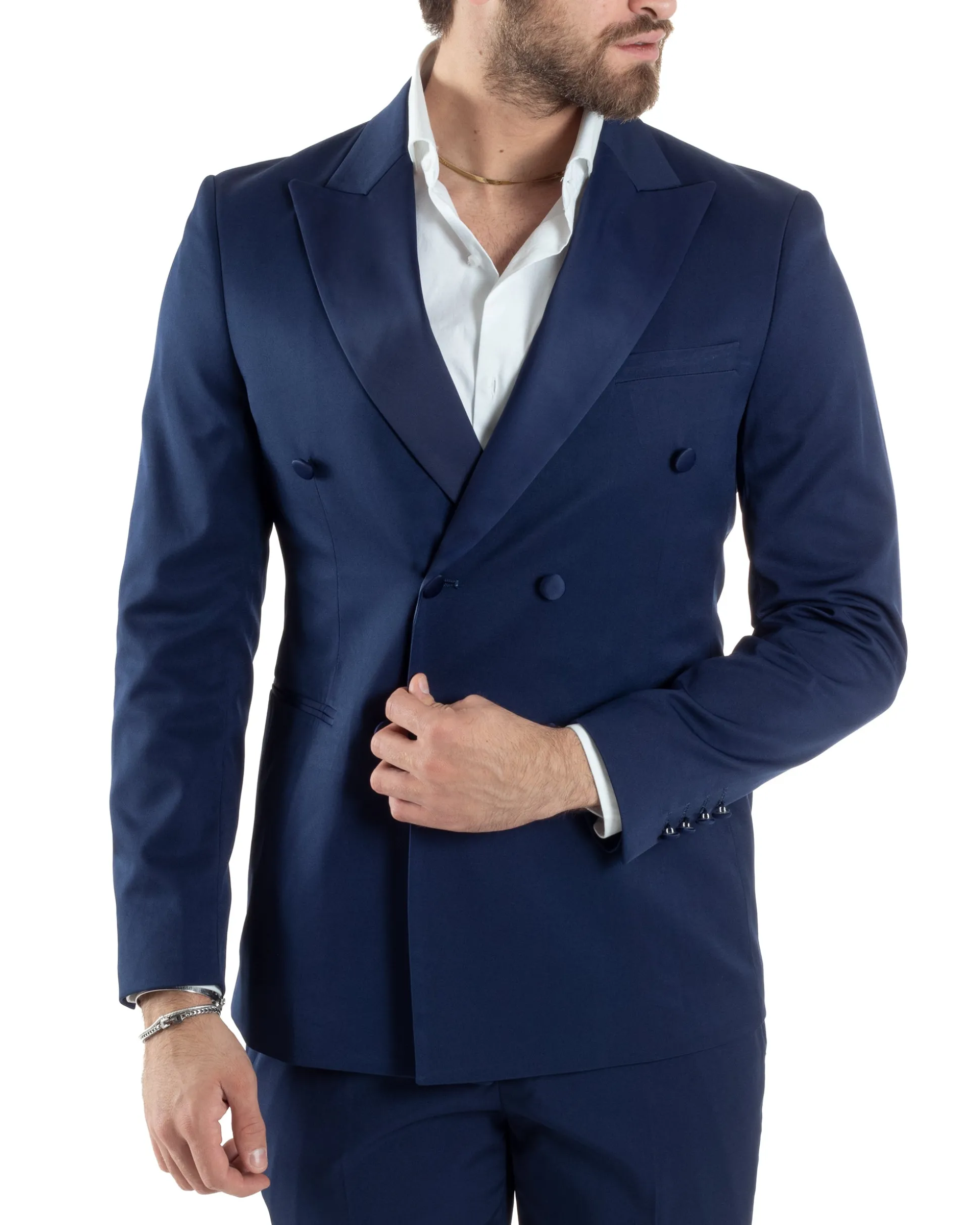 Abito Uomo Doppiopetto Vestito Completo Giacca Rever In Raso Pantaloni Smoking Blu AE1050A