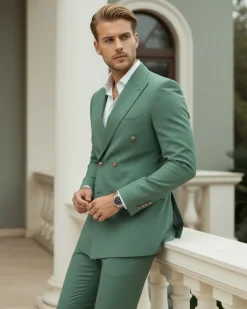 Abito Uomo Doppiopetto Vestito Completo Giacca Pantaloni Bottoni Metallo Verde Salvia AE1162A