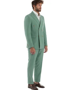 Abito Uomo Doppiopetto Vestito Completo Giacca Pantaloni Bottoni Metallo Verde Salvia AE1162A