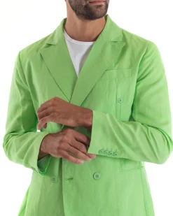 Abito Uomo Doppiopetto Vestito Lino Completo Giacca Pantaloni Tinta Unita Verde Acido Elegante Sartoriale Cerimonia GIOSAL-OU2133A