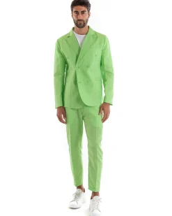Abito Uomo Doppiopetto Vestito Lino Completo Giacca Pantaloni Tinta Unita Verde Acido Elegante Sartoriale Cerimonia GIOSAL-OU2133A