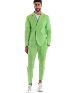 Abito Uomo Doppiopetto Vestito Lino Completo Giacca Pantaloni Tinta Unita Verde Acido Elegante Sartoriale Cerimonia GIOSAL-OU2133A