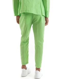Abito Uomo Doppiopetto Vestito Lino Completo Giacca Pantaloni Tinta Unita Verde Acido Elegante Sartoriale Cerimonia GIOSAL-OU2133A