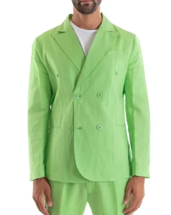 Abito Uomo Doppiopetto Vestito Lino Completo Giacca Pantaloni Tinta Unita Verde Acido Elegante Sartoriale Cerimonia GIOSAL-OU2133A