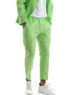 Abito Uomo Doppiopetto Vestito Lino Completo Giacca Pantaloni Tinta Unita Verde Acido Elegante Sartoriale Cerimonia GIOSAL-OU2133A