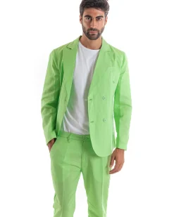 Abito Uomo Doppiopetto Vestito Lino Completo Giacca Pantaloni Tinta Unita Verde Acido Elegante Sartoriale Cerimonia GIOSAL-OU2133A