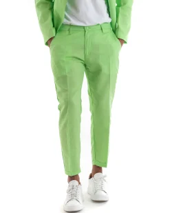 Abito Uomo Doppiopetto Vestito Lino Completo Giacca Pantaloni Tinta Unita Verde Acido Elegante Sartoriale Cerimonia GIOSAL-OU2133A