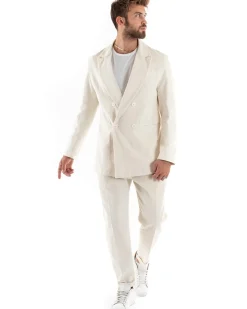 Abito Uomo Doppiopetto Vestito Velluto Completo Giacca Pantaloni Panna Elegante Cerimonia GIOSAL-OU2194A
