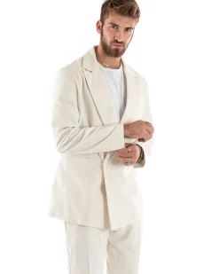 Abito Uomo Doppiopetto Vestito Velluto Completo Giacca Pantaloni Panna Elegante Cerimonia GIOSAL-OU2194A