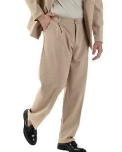 Abito Uomo Doppiopetto Viscosa Relaxed Fit Completo Giacca Rever A Lancia Pantaloni Pinces Fondo Largo Baggy Casual Beige GIOSAL-AE1121A