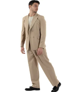 Abito Uomo Doppiopetto Viscosa Relaxed Fit Completo Giacca Rever A Lancia Pantaloni Pinces Fondo Largo Baggy Casual Beige GIOSAL-AE1121A