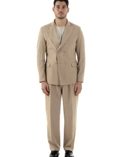 Abito Uomo Doppiopetto Viscosa Relaxed Fit Completo Giacca Rever A Lancia Pantaloni Pinces Fondo Largo Baggy Casual Beige GIOSAL-AE1121A