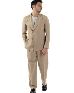Abito Uomo Doppiopetto Viscosa Relaxed Fit Completo Giacca Rever A Lancia Pantaloni Pinces Fondo Largo Baggy Casual Beige GIOSAL-AE1121A