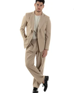 Abito Uomo Doppiopetto Viscosa Relaxed Fit Completo Giacca Rever A Lancia Pantaloni Pinces Fondo Largo Baggy Casual Beige GIOSAL-AE1121A
